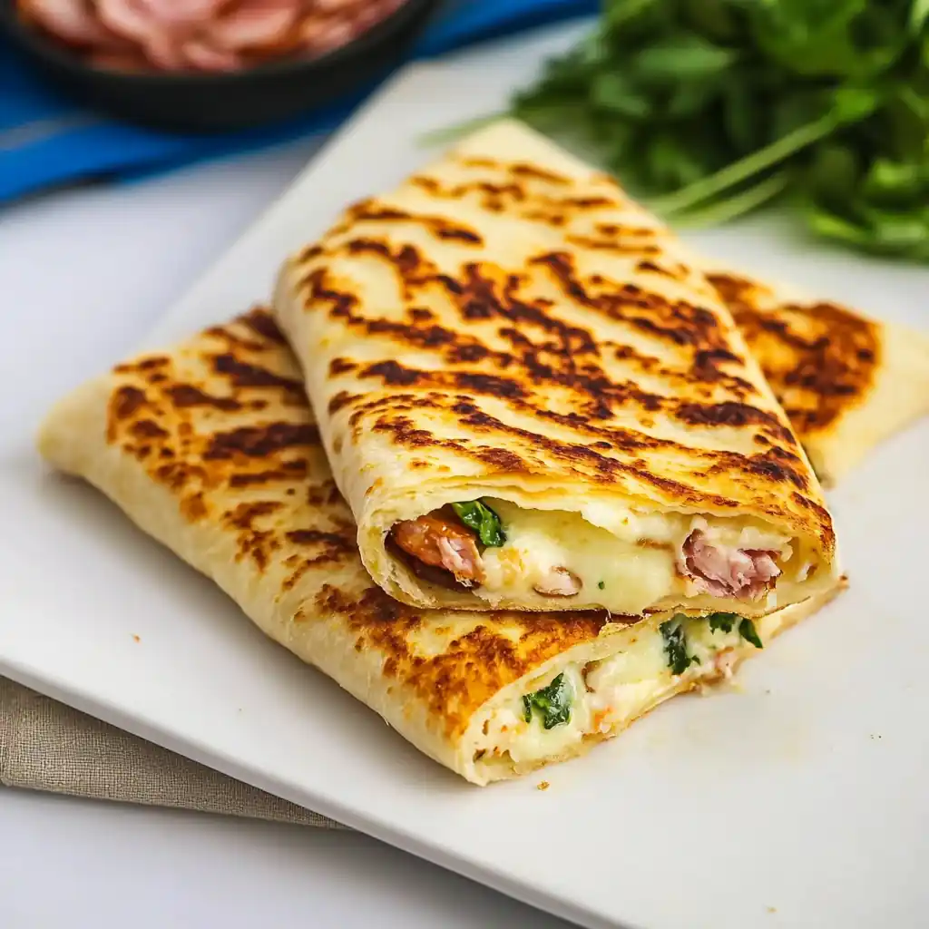 Cottage cheese flatbread wrap sliced open showing creamy cheese, herbs