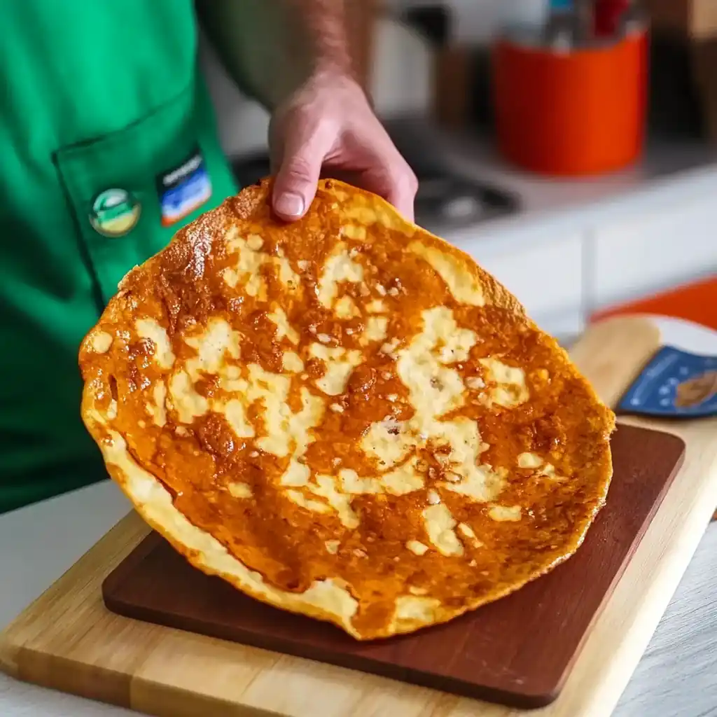 A hand holding freshly baked cottage cheese flatbread showing texture and color