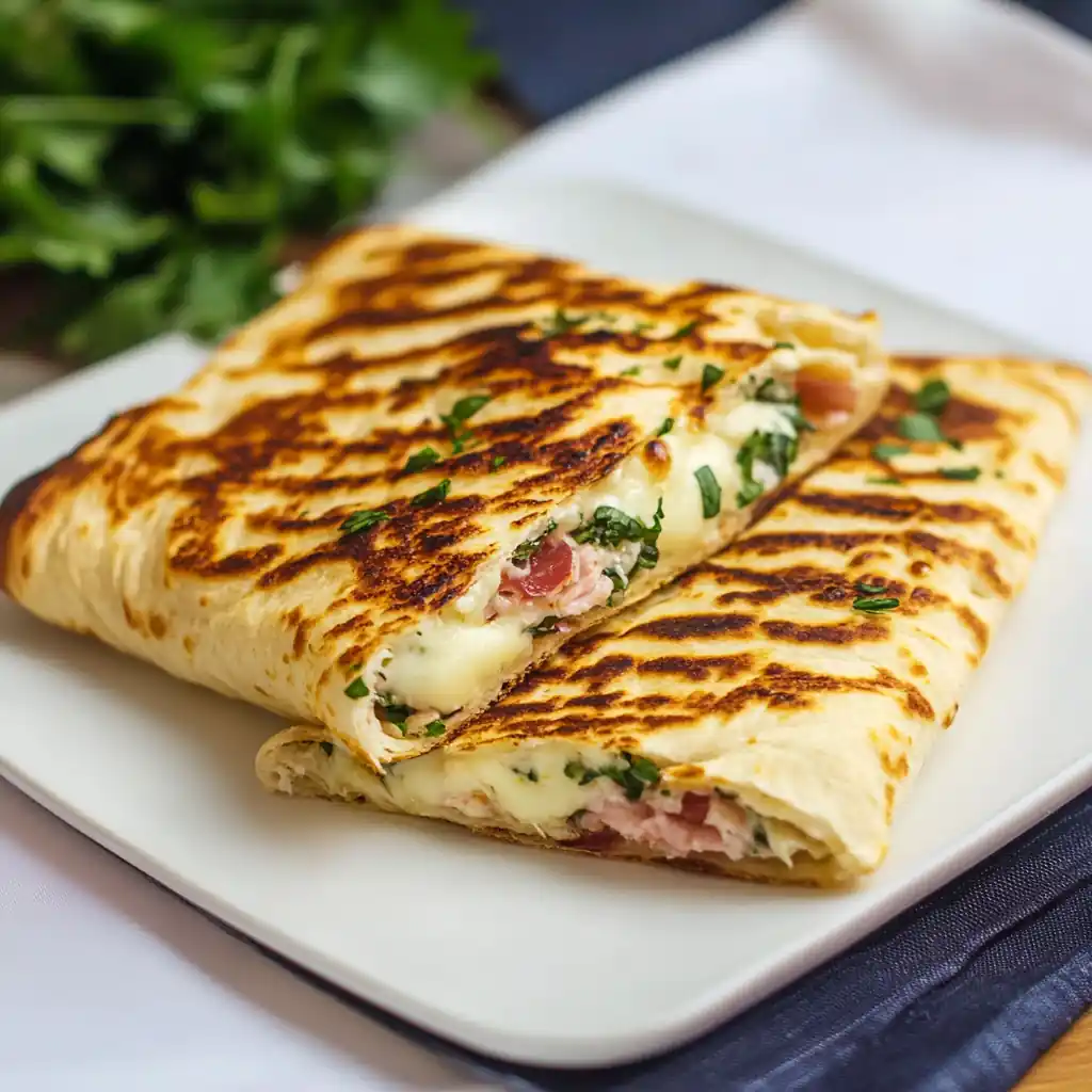 Close-up of sliced cottage cheese flatbread with melted cheese and greens inside