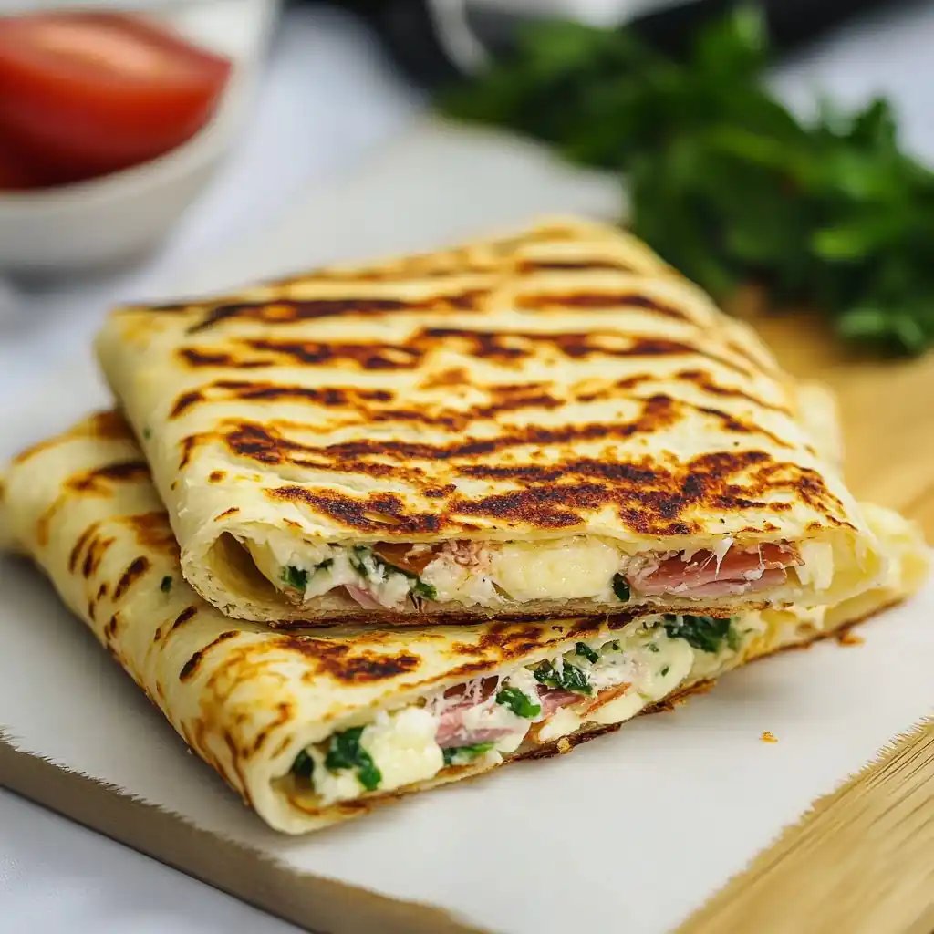 Cottage cheese flatbread slices stacked on a board showing cheesy spinach and ham filling