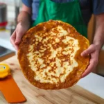 Hand holding a freshly baked golden cottage cheese flatbread with bubbled surface and crispy edges