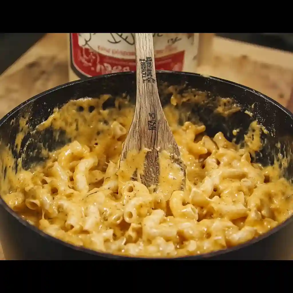 stirring protein mac and cheese in pot with wooden spoon