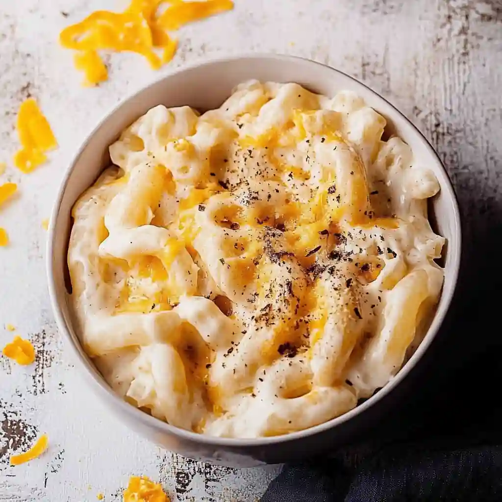 protein mac and cheese bowl topped with shredded cheddar