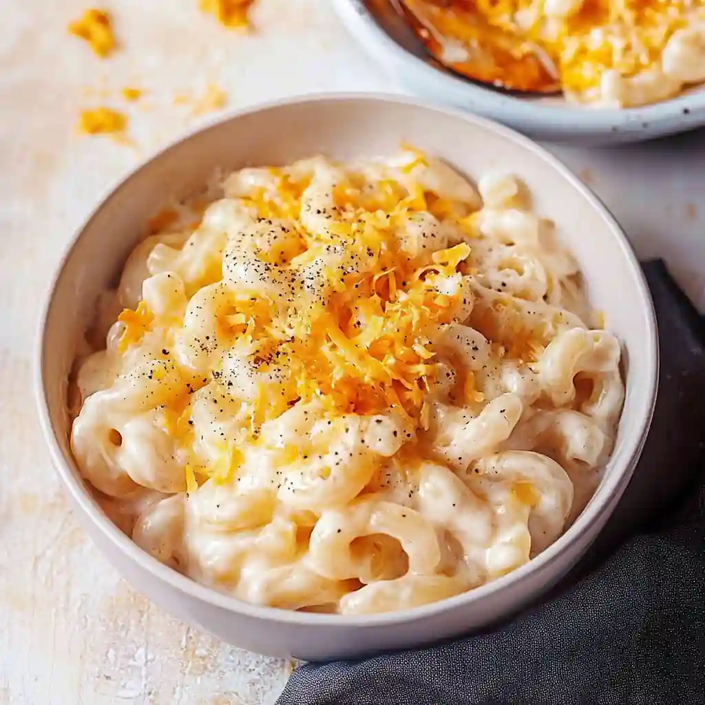 creamy protein mac and cheese in white bowl