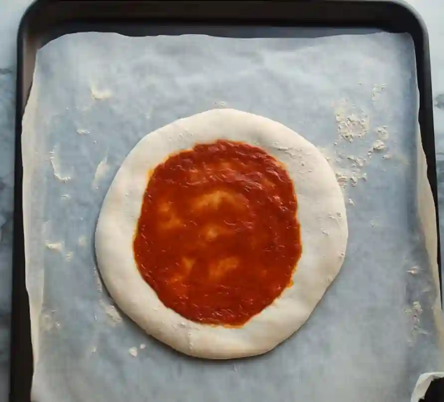 Pizza crust with sauce before baking