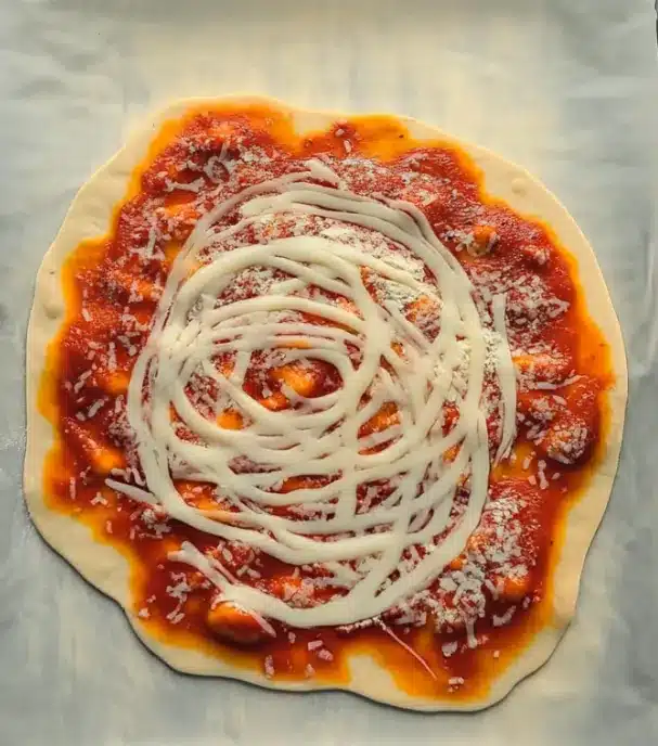 Cottage cheese crust pizza topped with sauce and cheese