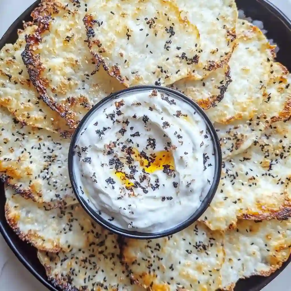 Unbaked cottage cheese chips topped with sesame seeds on tray